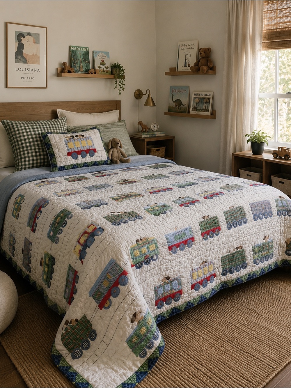 Pottery Barn Kids Train Patchwork Quilt - White and Multi